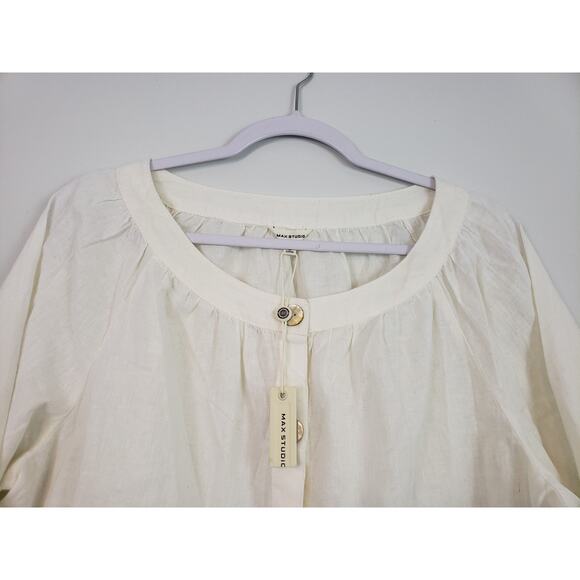 Max Studio Blouse Womens Size L Button Linen Blend Tie Sleeve Office Siren Boho - Picture 2 of 7